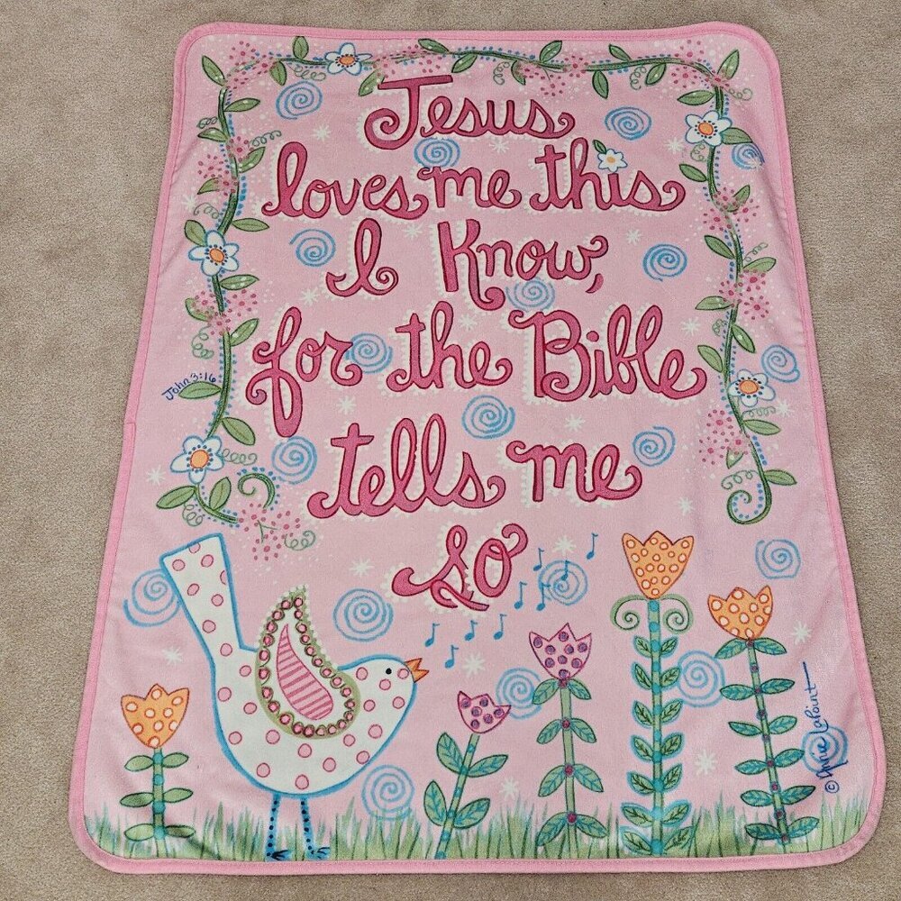 Izzy Jesus Loves Me Bible Pink Baby Blanket 30"x40" Bird Flowers Annie LaPoint